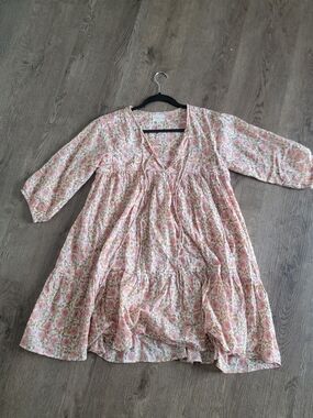 Maelu Floral Pink Cotton Mini Dress - V-Neck, Tiered Skirt